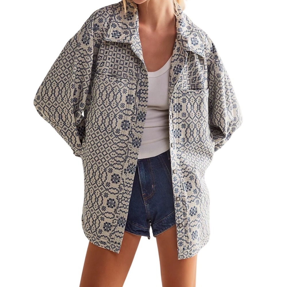 Free People So Long Summer Jacquard Button Down Blue Shacket Small Heritage